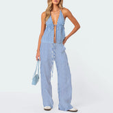 Stripe Tie-Up Halter Neck Backless Tank Top And Wide-Leg Pants Set