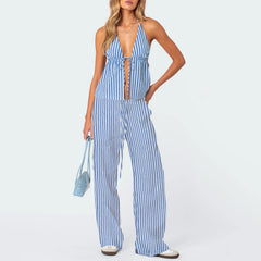 Stripe Tie-Up Halter Neck Backless Tank Top And Wide-Leg Pants Set