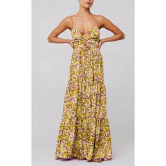 Spaghetti Straps Cross Tie-up Front Floral Print Cutout Long Dress