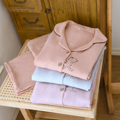 Embroidery Cotton Long-sleeved Shirt And Pants Two Piece Loungewear Set