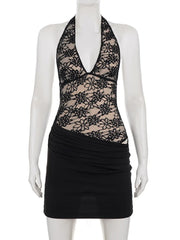 Black Halter Neck Lace Patchwork Bodysuit Mini Dress