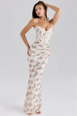 White Floral Spaghetti Strap Tie Up Maxi Dress