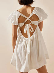 Puff Sleeve Babydoll  Square Neck Tie Back Mini Dress