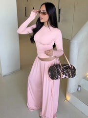 Long Sleeve Crop Top And Drawstring Wide Leg Pants Set