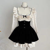 Satin Polka Dot Square Collar Long Sleeve Black Mini Dress