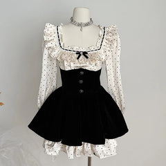 Satin Polka Dot Square Collar Long Sleeve Black Mini Dress
