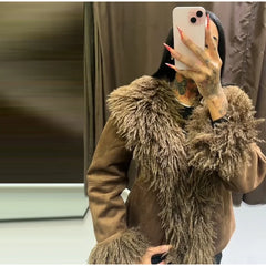 Faux Fur Plush Lapel Brown Jacket