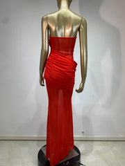 Red Strapless Mesh Ruched Maxi Dress