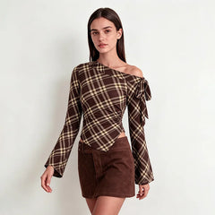 Brown Plaid Off-Shoulder Long Flare Sleeve Top