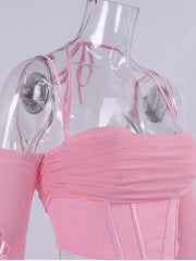 Pink Off Shoulder Lace Up Long Sleeve Corset Crop Top