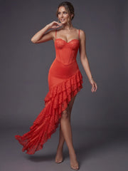 Spaghetti Strap Bustier Ruffes Tiered Hem Midi Dress