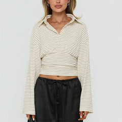 Striped Turn Down Collar Long Sleeve Top