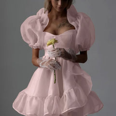 Pink Puff Sleeve Mesh Mini Dress