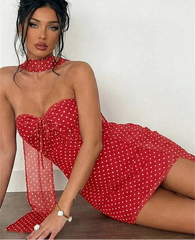Red Dotted Tie Up Strapless Mini Dress With Scarf