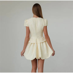 Tweed Puffy Sleeve Shirt And Bubble Skirt Set