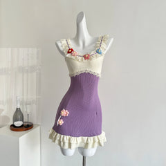 Purple Knitted 3D Flower Mini Dress