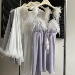 Feather Fur Trim Cami Nightdress And Bathrobe Gown Sleepwear Set