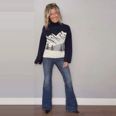 High-Necked Knitted Mountain Print Sweater