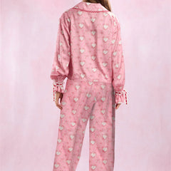 Heart Print Satin Long Sleeve Button Shirts And Pants Pajama Set