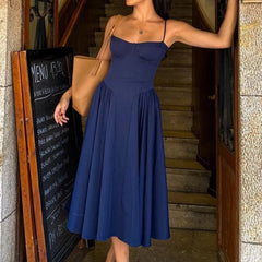 Solid Spaghetti Strap Bustier Pleated Midi Dress