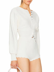 Two Piece O Neck Lantern Sleeve Cardigan And Shorts Set