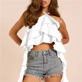 Tie-Up Halter Neck Ruffles Crop Top