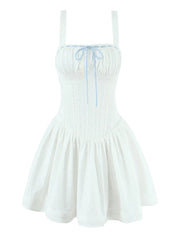 White Square Collar Sleeveless Bow Corset Puffy Short Dress