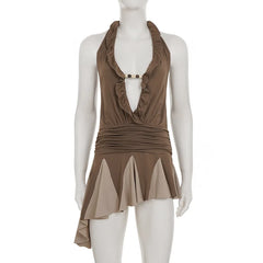 Brown  Deep V-Neck Ruffled Folds Mini Dress