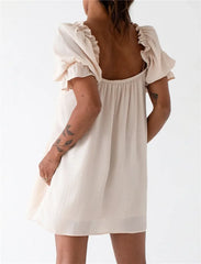 Square Neck Bow  Puff Short Sleeve Babydoll Mini Dress
