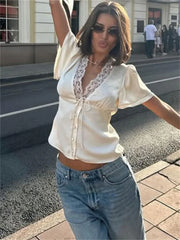 White Lace V-Neck Top