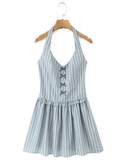 Grey Striped Halter Neck Patchwork Bow Mini Dress