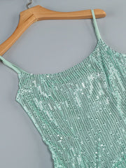 Spaghetti Strap Sequins Folds Long Dress