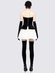 Black Velvet Lace-up Top And White Pleated Frill Mini Skirt Set