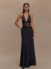 Satin Lace Patchwork V-neck Midi Dress