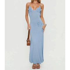 Blue Knit 3D Flower Decor Maxi Dress