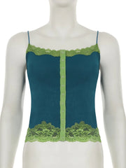 Blue Button Up Lace Trim Spaghetti Strap Crop Top