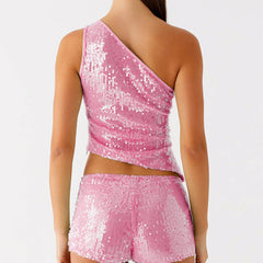Pink sequin top and shorts set - back view