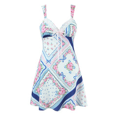 Blue Floral Print Lace Bow Mini Sling Dress