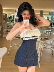Blue Striped Ruched Bust Strapless Mini Dress