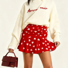 Pleated Heart Printed Mini Skirt