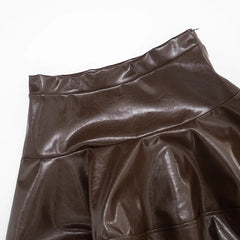 Brown PU Leather Ruffle High Waist A-line Skirt
