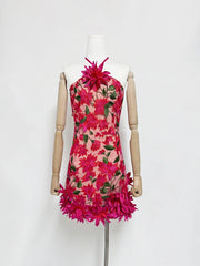 Halter Neck Embroidery Flowers Mini Dress