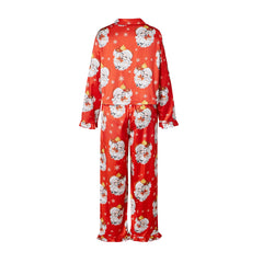 Satin Christmas Ruffle Trim Long Sleeve Shirt And Pants Pajama Set