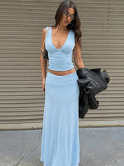 Deep V-Neck Sleeveless Ruched Top And Long Skirt Set