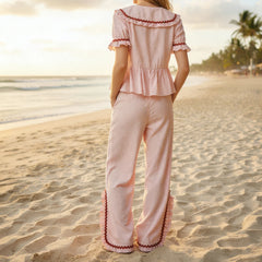 Pink Short Sleeve Round Neck Striped Top and Pants Lounge Wear Set