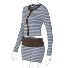 Blue Striped Crop Cardigan And Mini Skirt Set