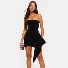 Velvet Strapless Ribbon Pleated Mini Dress