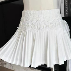 White Pleated Embroidered Bow Mini Skirt