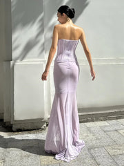 Purple 3d Flower Strapless Slit Cut Out Mesh Maxi Dress