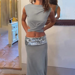 Bandage Tie Up Crop Top & Sequin Strap Long Skirt Set